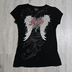 Vintage Y2K Ritual "Faith" Angel Wings Black Tee Goth Large